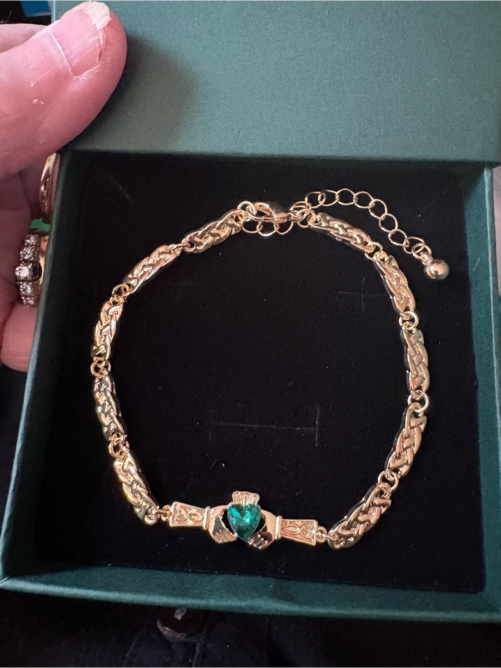 Gold Claddagh Bracelet with Emerald crystal Heart